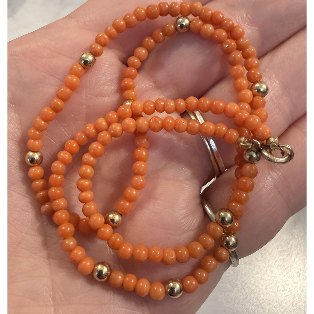 Vintage Natural Salmon Coral 18" Round Beaded Necklace 12k Gold Filled
